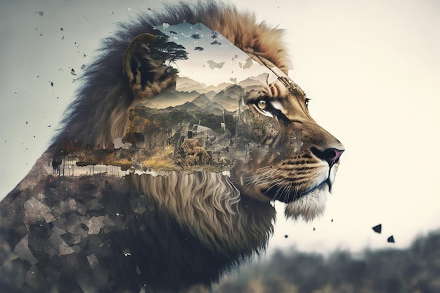 Wondrous modern design lion with double exposure background of african jungle