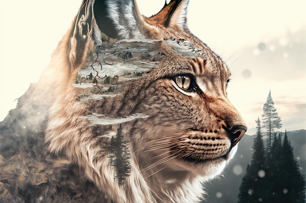 Wondrous modern design lynx with double exposure nature background