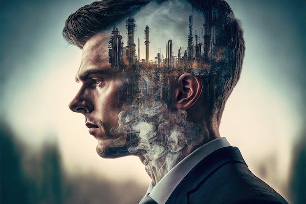 Wondrous modern oil refinery and portrait of businessman double exposure