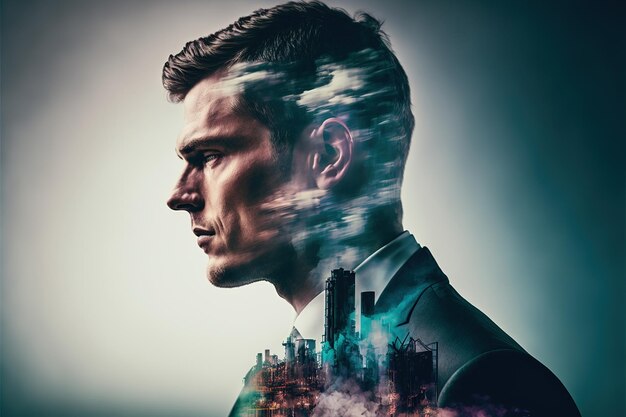 Wondrous modern oil refinery and portrait of businessman double exposure