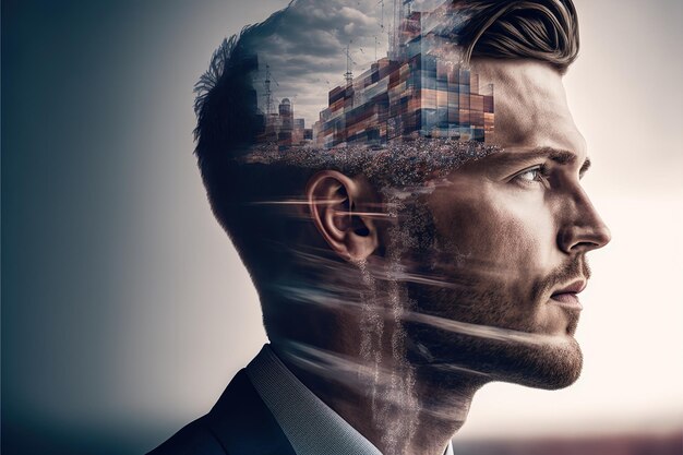 Wondrous portrait of ambitious businessman and cargo ship double exposure