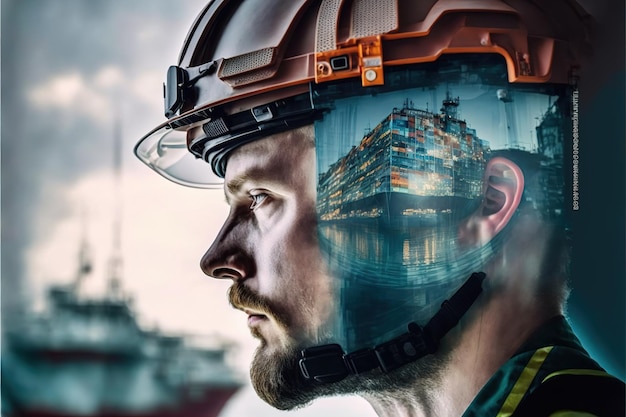 Wondrous portrait of engineer and cargo ship with containers double exposure