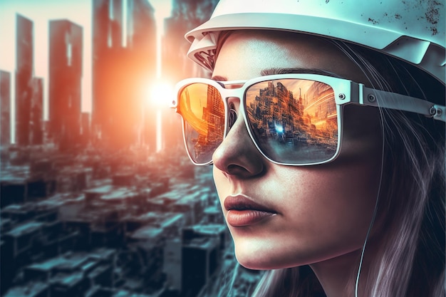 Wondrous portrait of a female engineer in sunglasses with city construction