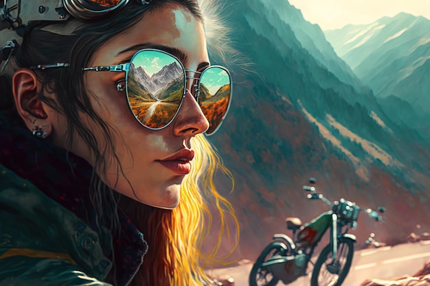 Wondrous portrait of motorcycle rider with sunglasses and reflection of mountain