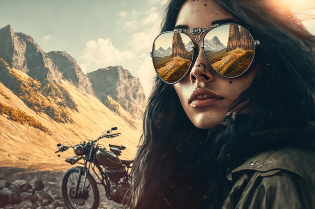 Photo wondrous portrait of motorcycle rider with sunglasses and reflection of mountain