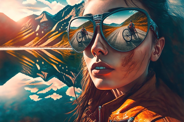 Wondrous portrait of motorcycle rider with sunglasses and reflection of mountain