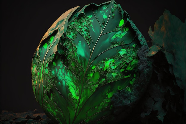 Wondrous tropical green leaf with marco texture in glossy rock shape