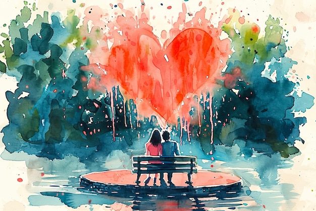 Photo a wondrous watercolor illustration of a couple sitting on a bench with a heartshaped fountain in front of them