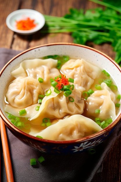 Wonton soup in a bowl Selective focus