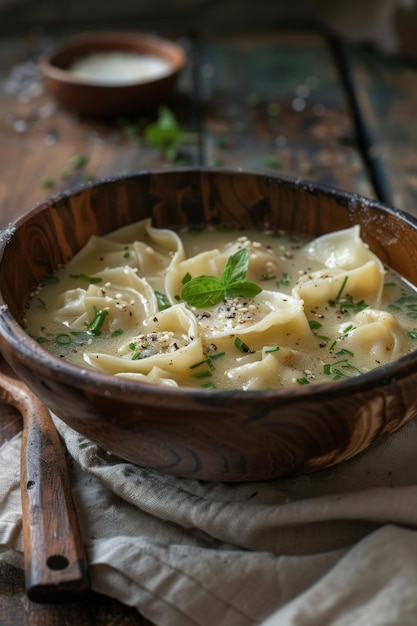 Photo wonton soup in a wooden bowl