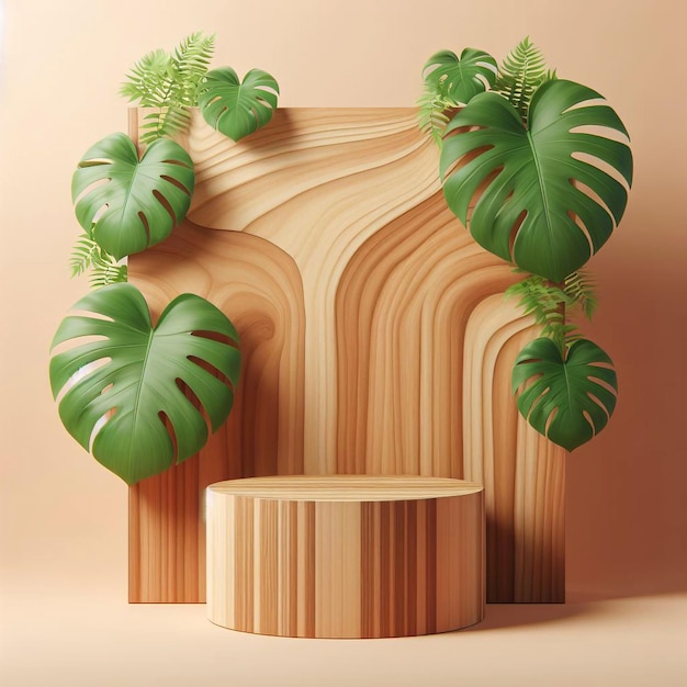 wood 3d podium mockup for product presentation with tropical palm leaves