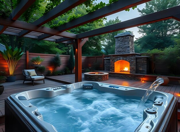 Photo wood accent hot tub spa in a private backyard oasis