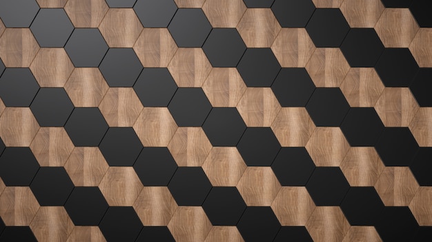 Wood and black ceramic hexagons. Diagonal seamless pattern.