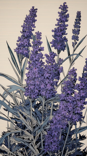 Wood block print illustration of Lavender lavender blossom flower