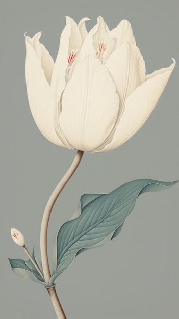 Wood block print illustration of white tulip flower petal plant