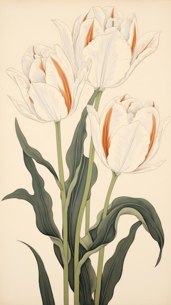 Wood block print illustration of white tulip painting flower plant