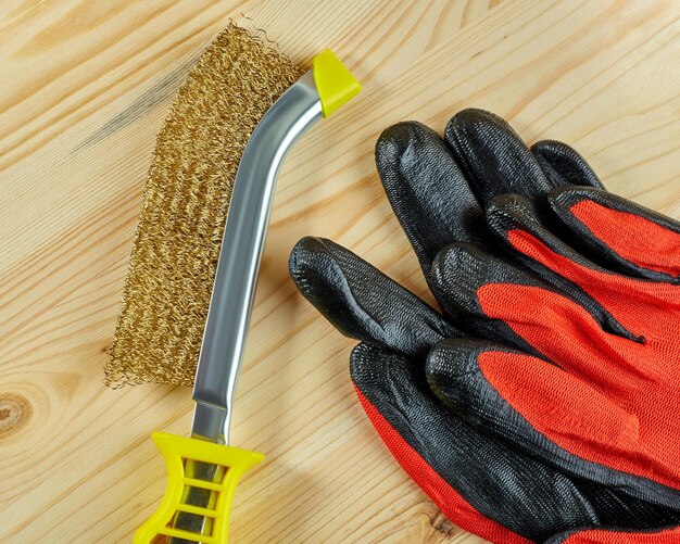 Wood brush and work gloves