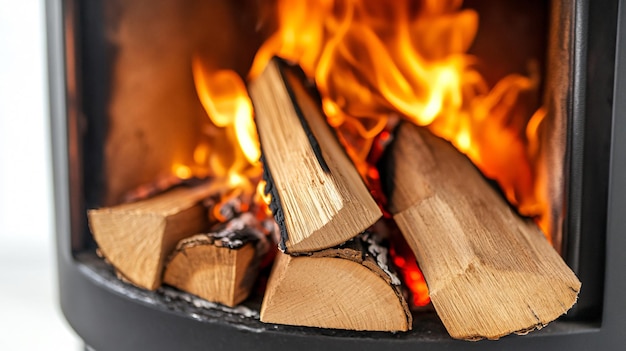 a wood burning stove with a fire in the background