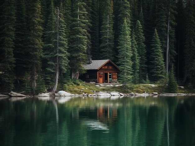 A wood cabin by the lake in the pines forest Generative Ai