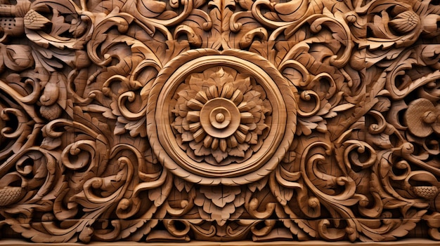 Photo wood carvings detailed displays of carved wood decorations depicting flowers displaying intricate craftsmanship and artistic designs