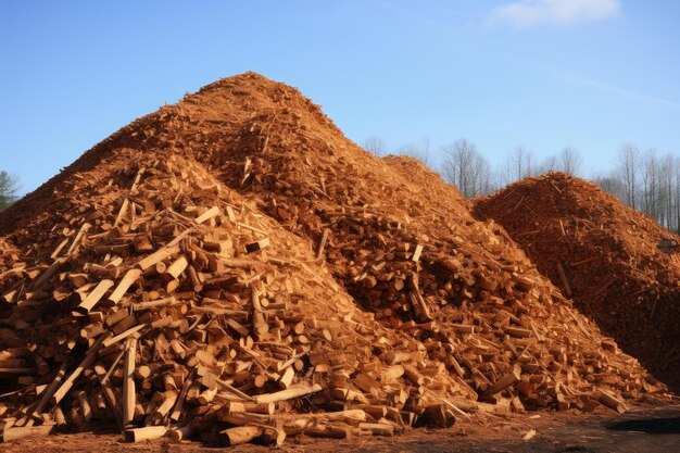 Wood chips and firewood pile under blue sky