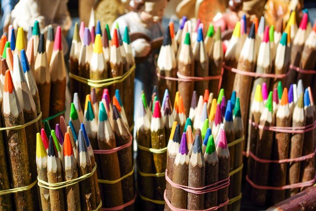 Wood covered colorful pencils in bundles