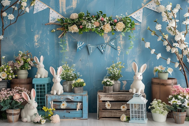 wood crates bunnies chicks and flower arch birthday background