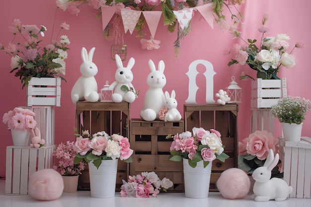 wood crates bunnies chicks and flower arch birthday background