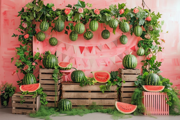 wood crates cut and whole watermelons and greenery arch birthday background