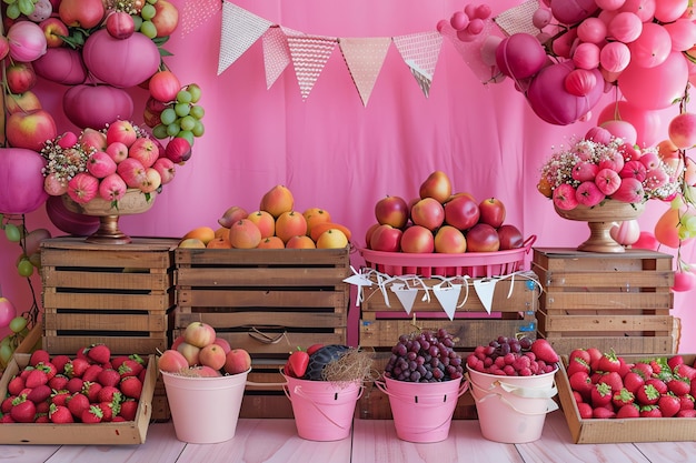 wood crates and fruits birthday background