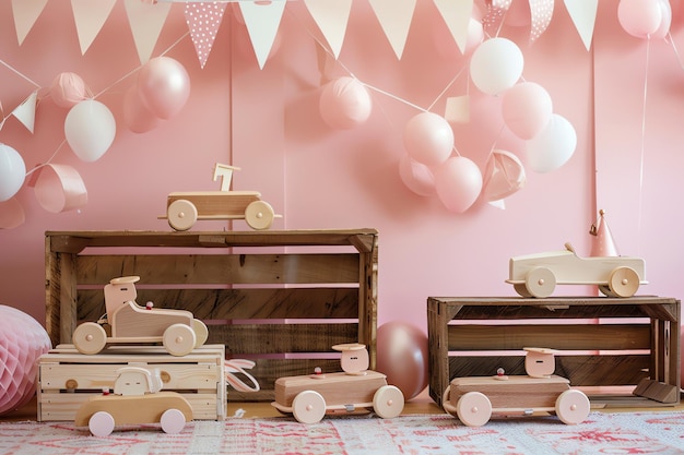 wood crates and toy wooden cars birthday background