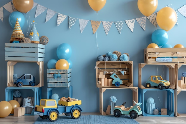 wood crates and toy wooden cars birthday background