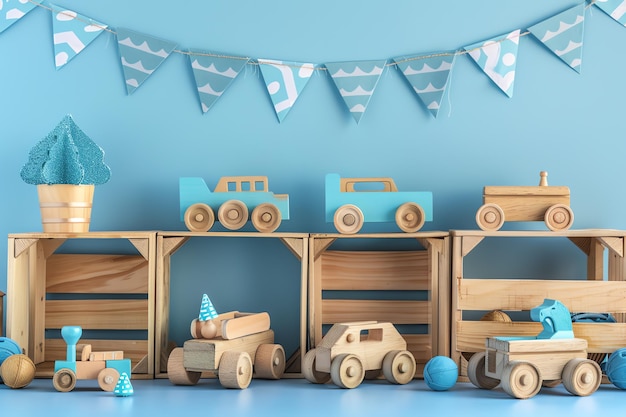 wood crates and toy wooden cars birthday background