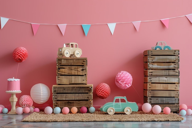 wood crates and toy wooden cars birthday background