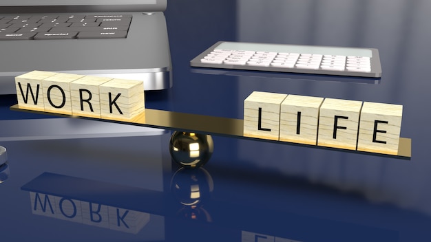 The wood cube work and life on plate balance 3d rendering for abstract content.