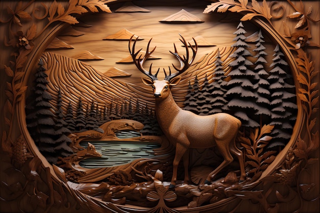 Photo wood curved deer in wood with antlers illustration