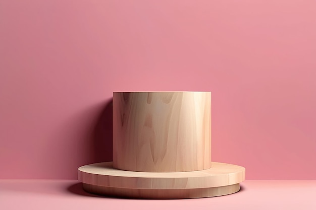 Wood cylinder podium on pink background for display product 3d rendering