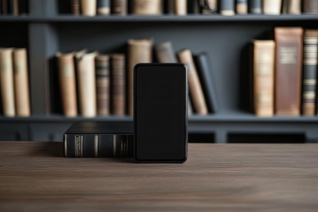 Wood desk with black smartphone and books