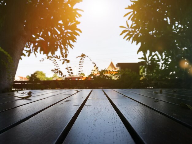 Wood floor with blurred trees of nature and sky background