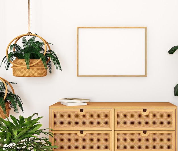 Wood frame mockup in boho interior A4, 3D rendering