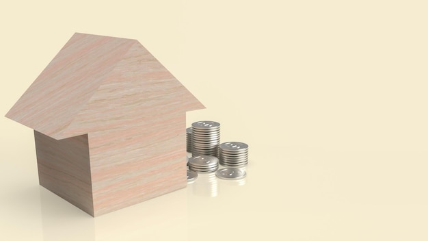 The wood home and money coins for property or business concept 3d rendering