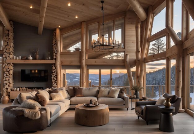 wood house living room outside the windows a view of the winter snowcovered landscape