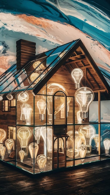 Wood house with Light bulb energy concept or invention