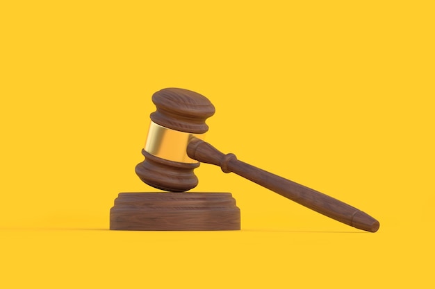 Wood Judge gavel on yellow background Payment for legal education Bidding at auctions 3D render