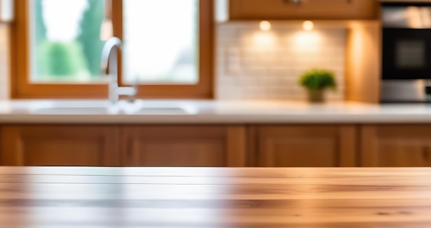 Wood kitchen counter desk top blurred defocused dining interior background