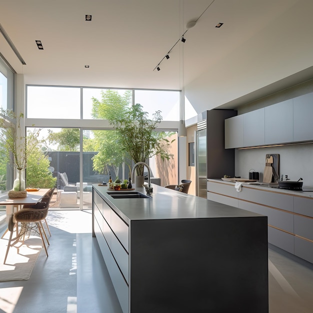 wood kitchen island on the interior of contemporary house