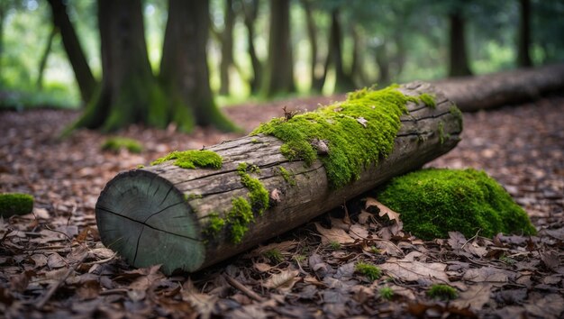 Photo wood log covered in moss resting in tranquil shaded forest setting