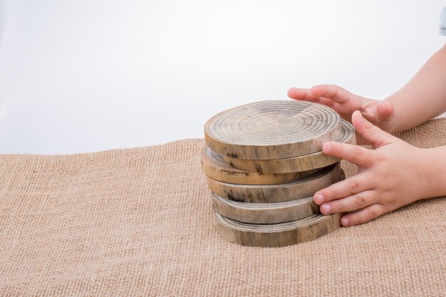 Wood Log cut in round thin pieces in hand