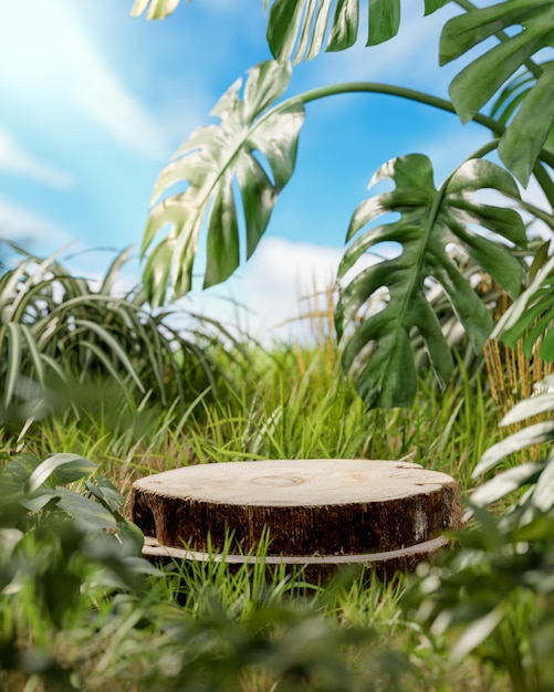 Wood log tree trunk on tropical forest environment blue sky for product placement 3d render