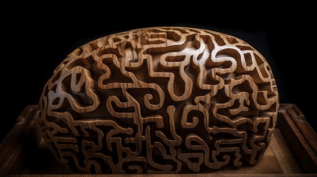 Wood maze in the form of a silhouette of human brain AI generative